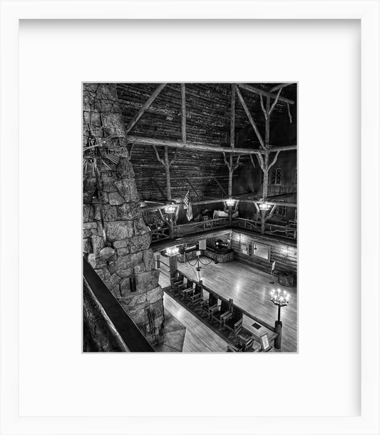 Wyoming Yellowstone National Park Old Faithful Inn Lobby Fireplace Black and White Giclee Print