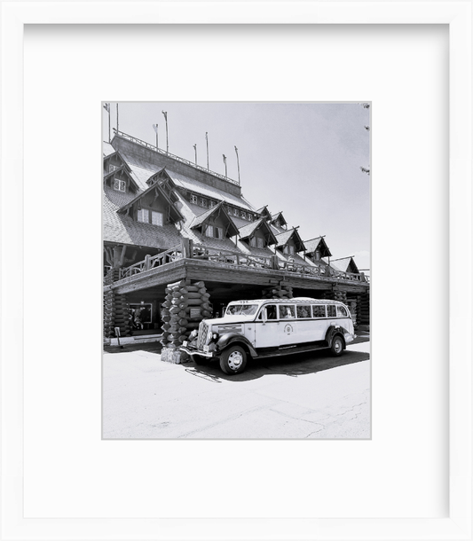 Wyoming Yellowstone National Park Old Faithful Inn Old Touring Car Black and White Giclee Print