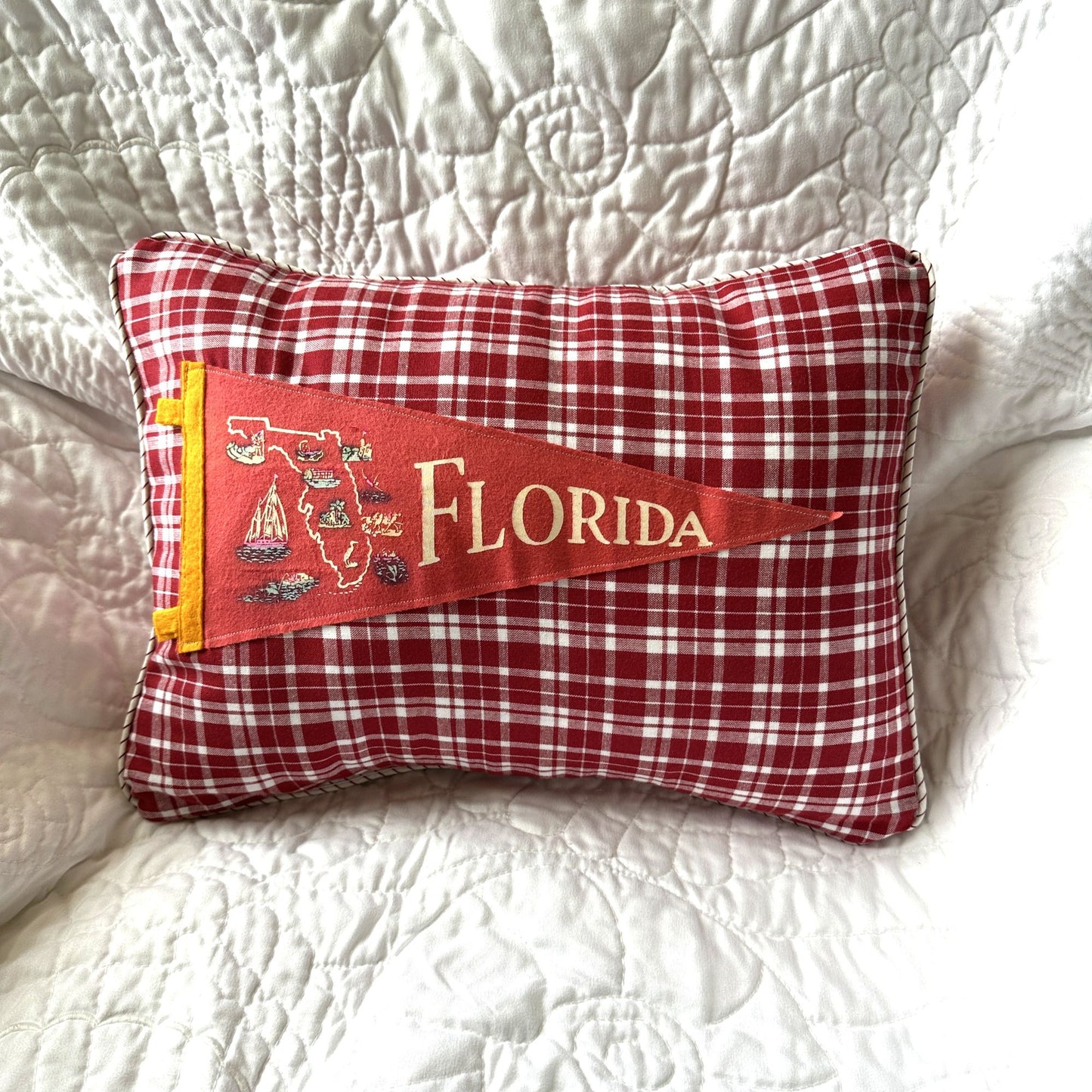 Florida Map Vintage Red Pennant on New Woven Plaid Throw Pillow
