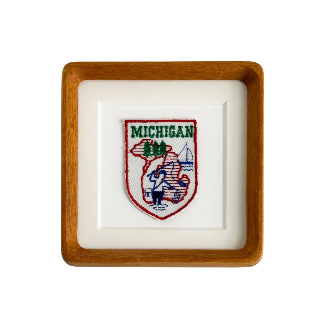 Michigan Fishing Vintage Patch Wood Framed