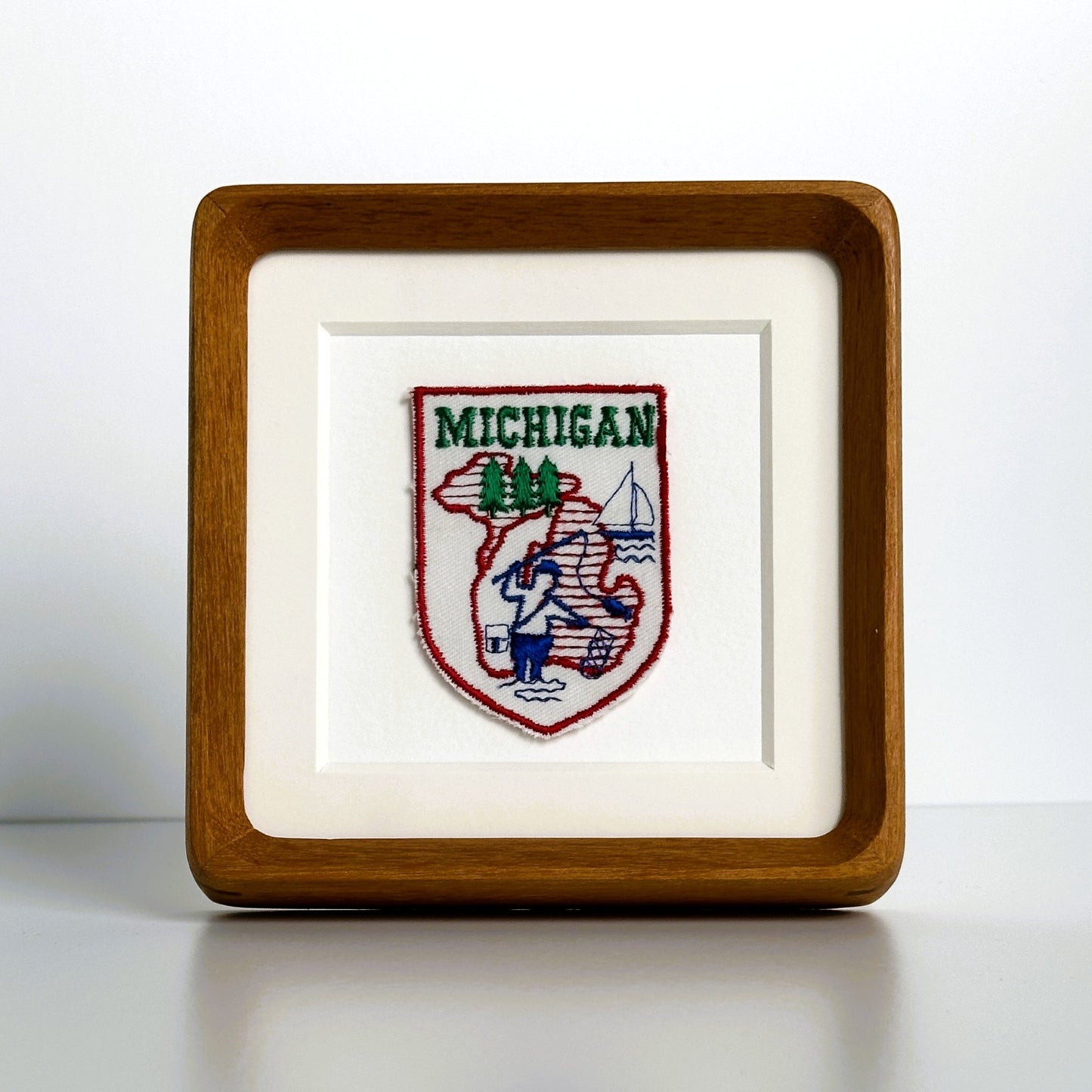 Michigan Fishing Vintage Patch Wood Framed